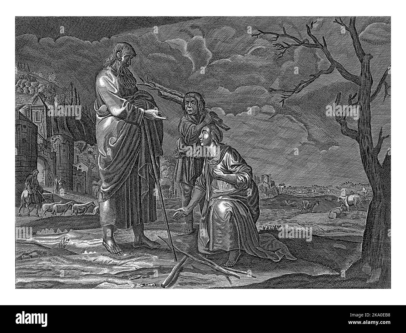 Elijah rencontre la veuve de Zarephath et son fils, qui rassemblent du bois à l'extérieur de la porte de la ville. En bas de la marge, deux versets à deux lignes en néerlandais Banque D'Images