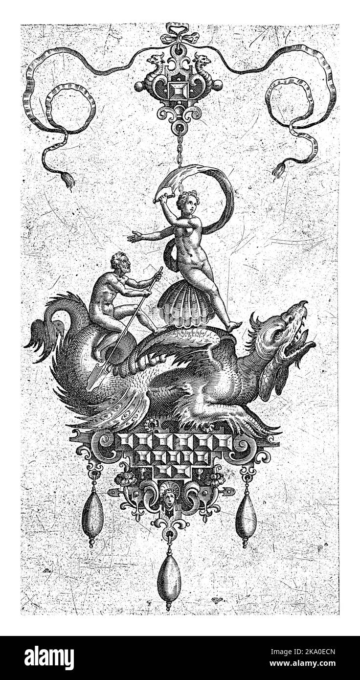 Sur la coquille est Vénus Anadyomene. Un homme avec un oar est assis sur la queue du dragon.Reverse face copie de RP-P-1894-A-18382. Banque D'Images