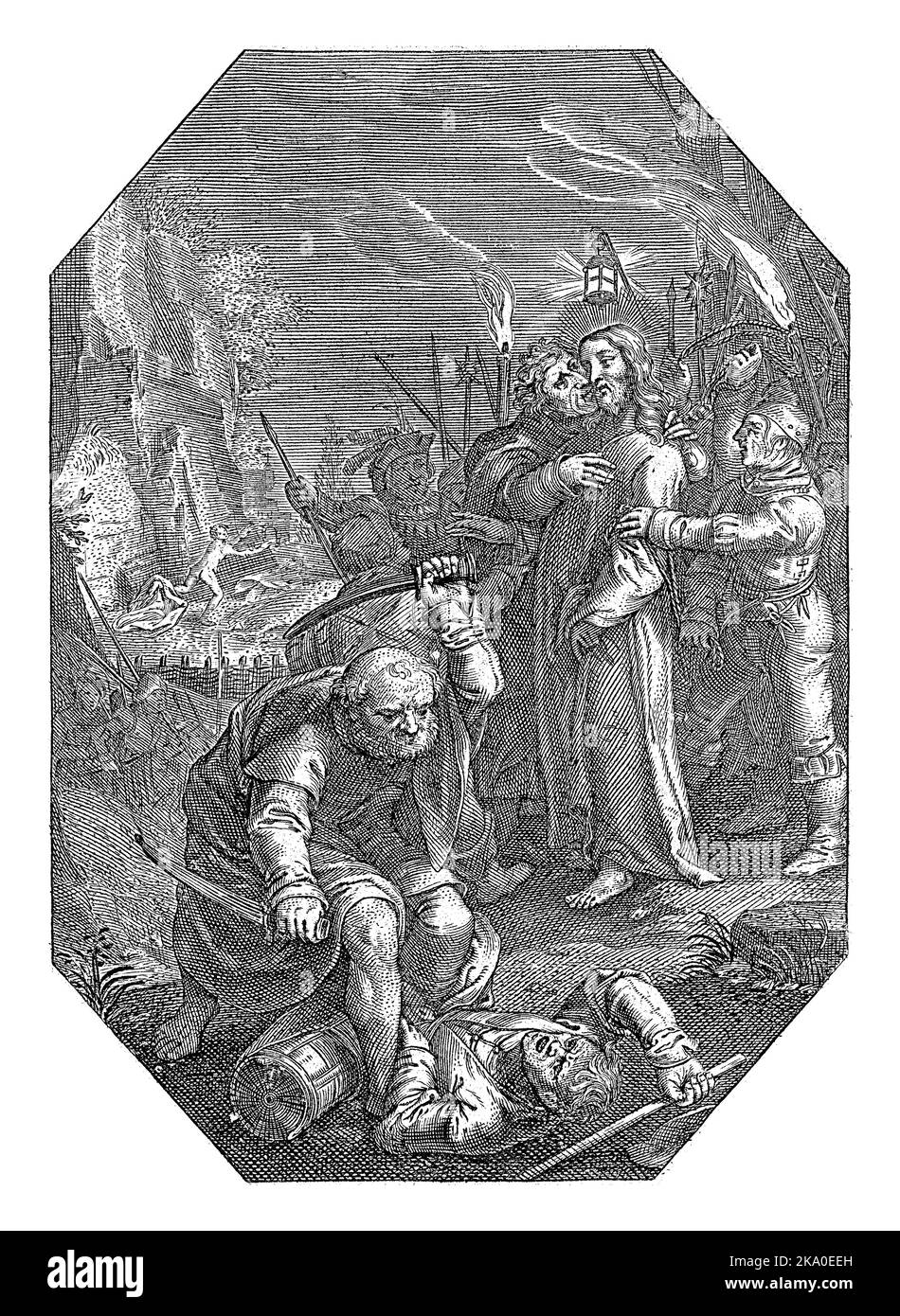 Captivité du Christ, Cornelis Galle, 1586 - 1650 Judas embrasse le Christ sur la joue et le trahit aux soldats. Au premier plan Simon Peter Wrest Banque D'Images
