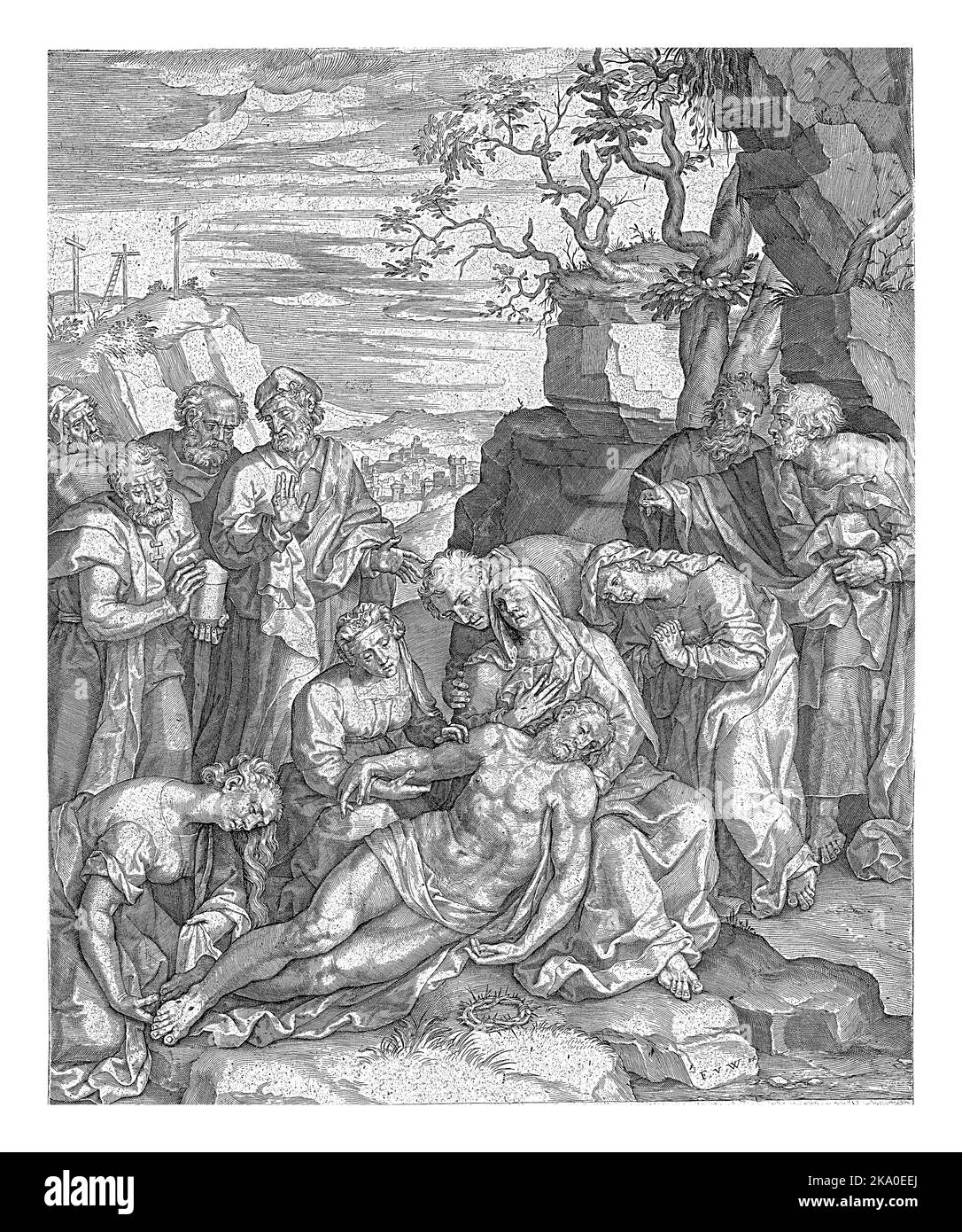 Marie, Jean et les trois Marys sont à genoux par le corps du Christ. Les figures regardent à gauche et à droite de ceci, l'un d'eux portant un pot de pommade Banque D'Images