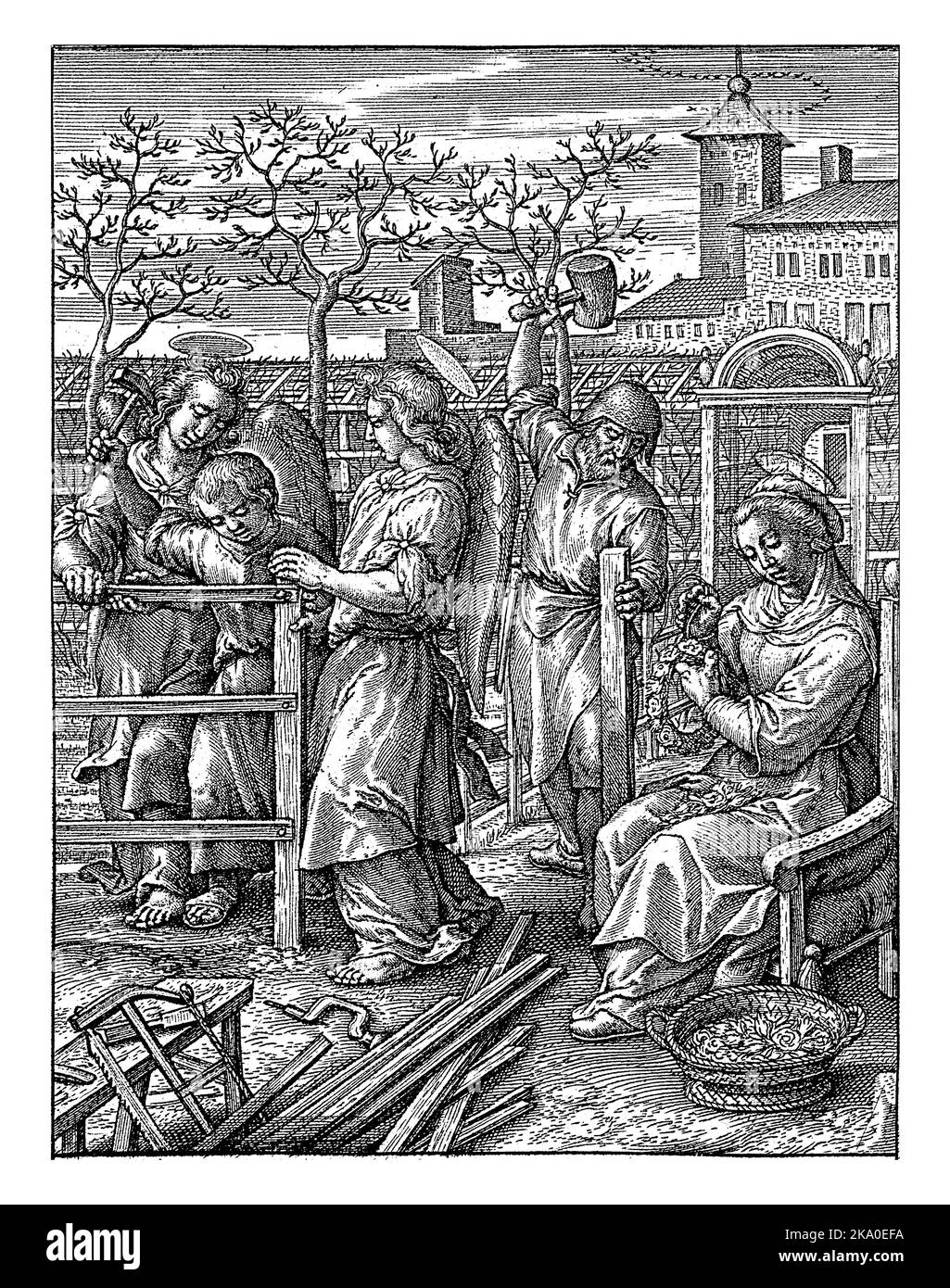 Christ Child construit une clôture, Hieronymus Wierix, 1563 - avant 1619 aidé par deux anges, le Christ Child construit une clôture. Il travaille dans le jardin avec Banque D'Images
