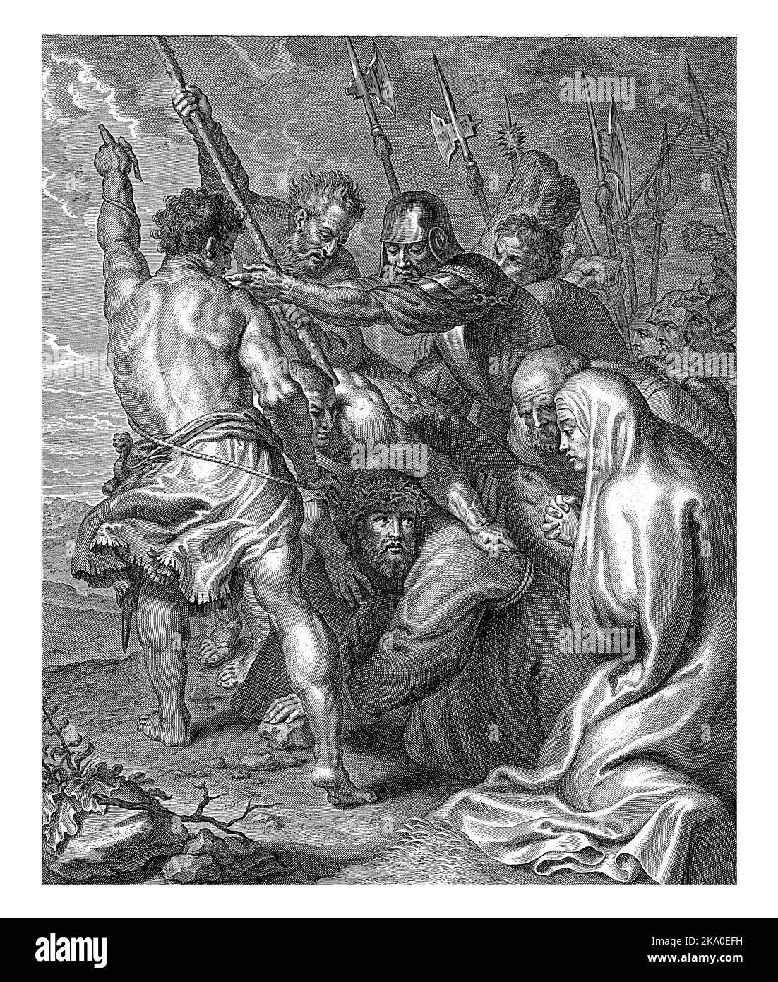 Entouré d'une foule, Christ porte la croix au Calvaire. Il se tient sur ses mains et ses genoux et menace de s'effondrer sous son fardeau. Les soldats driv Banque D'Images