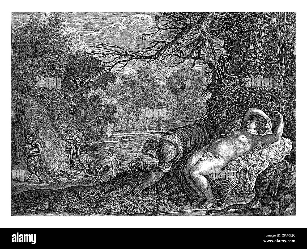 Céphalie et Proclis, Magdalena van de passe, d'après Adam Elsheimer, 1617 - 1634 Paysage forestier avec des céphalie qui ont accidentellement tiré sur sa femme Proclis Banque D'Images