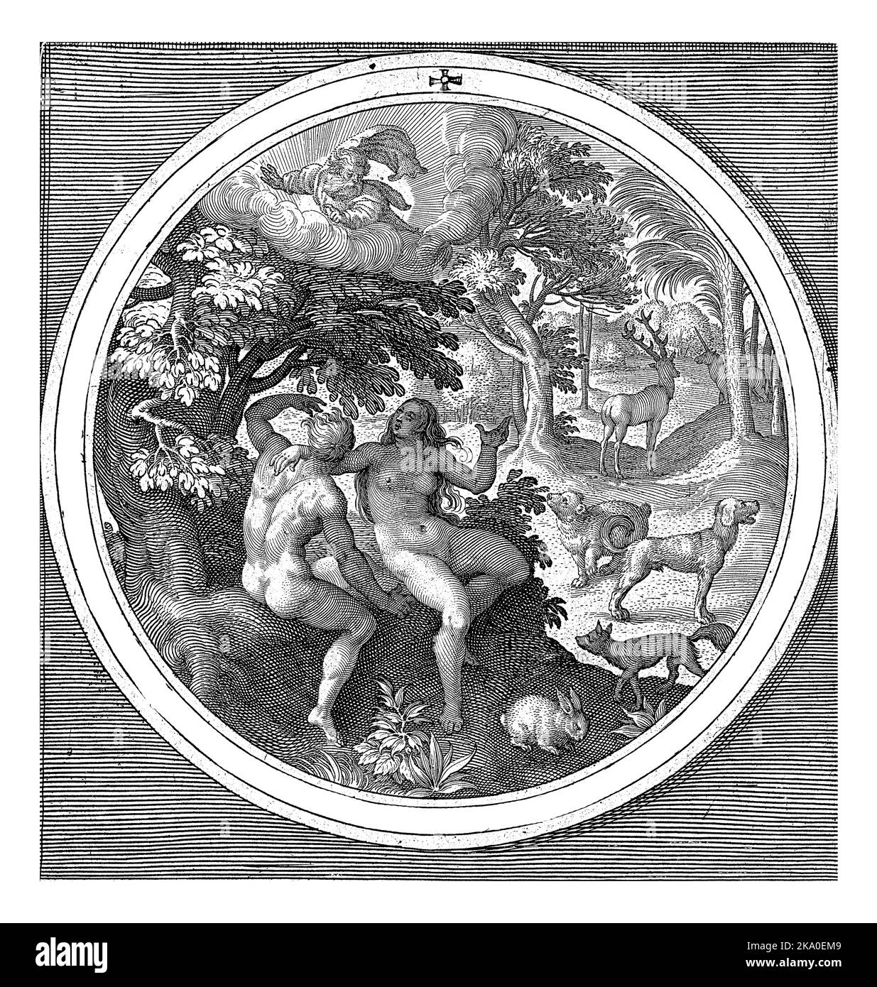 Adam et Eve se cachent de Dieu, Nicolaes de Bruyn, après Maerten de Vos, 1581 - 1656 Adam et Eve se cachent de Dieu dans la honte sur leur nudité. Banque D'Images