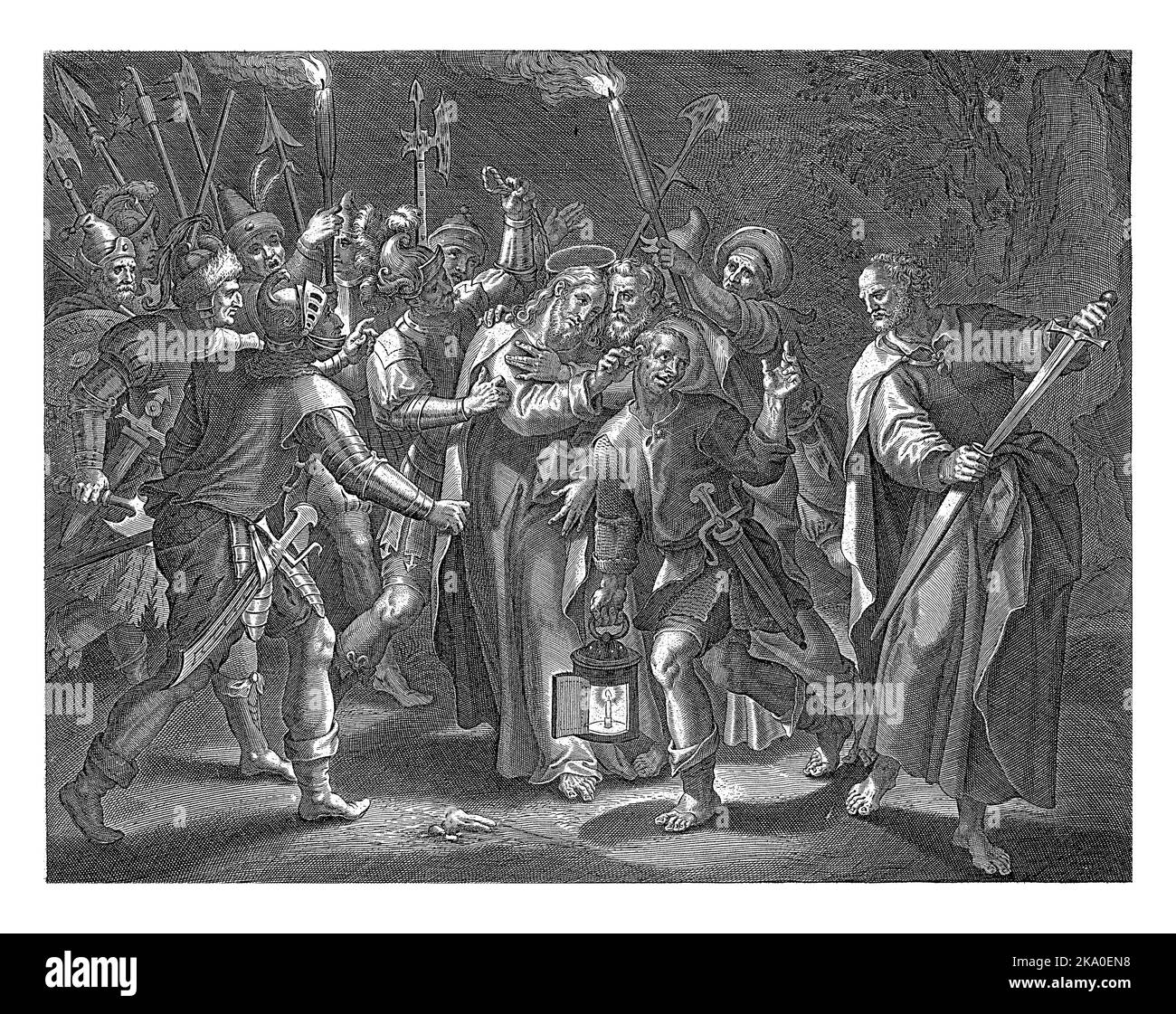 Judas embrasse le Christ sur la joue. Les soldats l'entourent et l'arrêtent. Peter vient de couper l'oreille d'un soldat. Le Christ guérit le soldat et fixe Banque D'Images