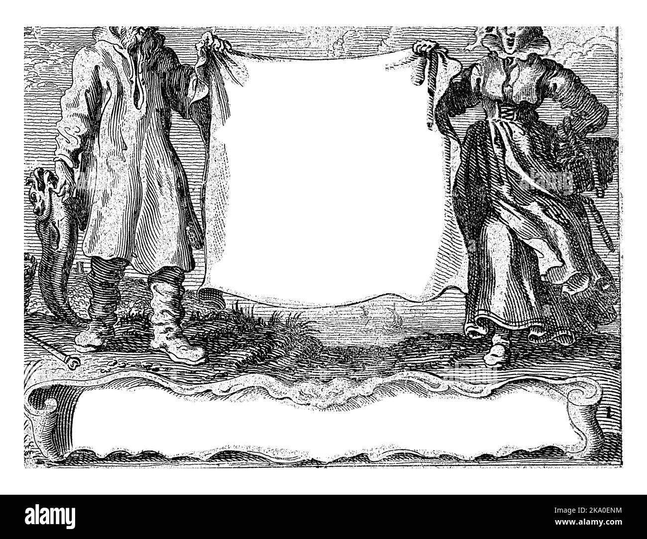Deux pêcheurs tiennent une toile avec le titre de la série en néerlandais. L'empreinte au fond d'une cartouche. Banque D'Images