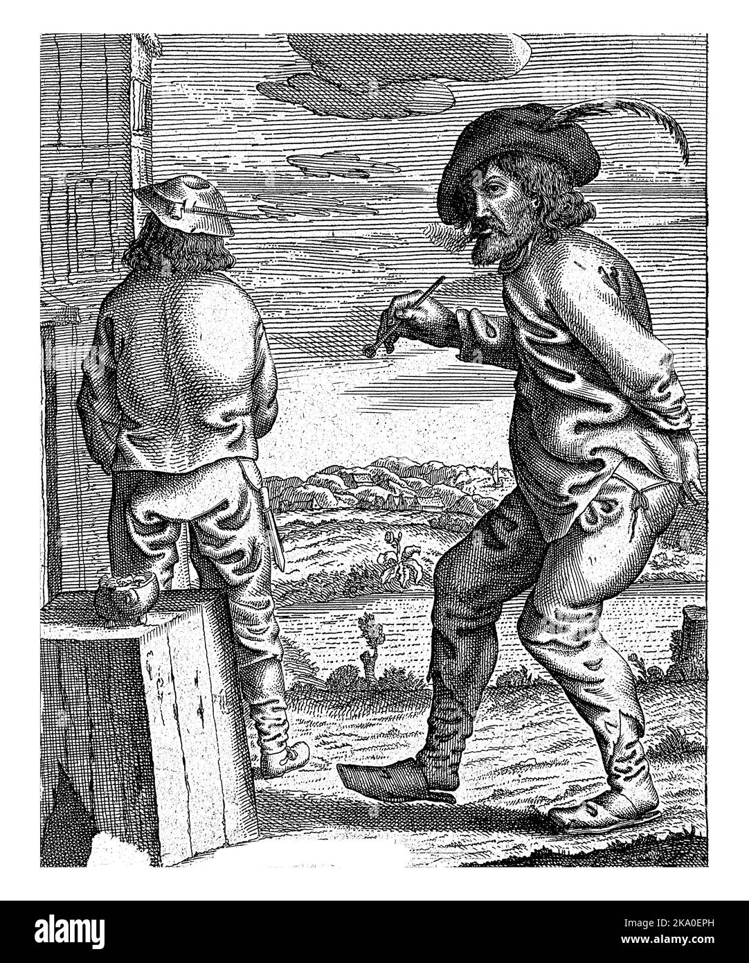 Dans un paysage vallonné, deux agriculteurs se tiennent près d'un bâtiment et d'un banc en bois. Le fermier de gauche est vu de derrière et le fermier de droite est de fumer un tuyau. Banque D'Images