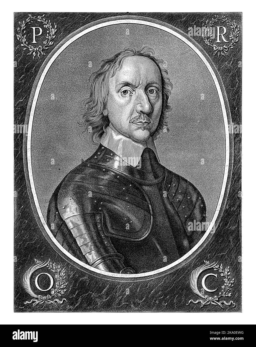 Portrait de l'homme d'État anglais Oliver Cromwell. Dans les quatre coins les lettres P, R, O et C, qui représentent: Protecteur Rei Publicae Oliver Cromw Banque D'Images