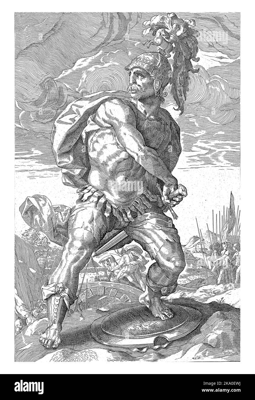 Le héros Titus Manlius Torquatus pleine longueur alors qu'il a sorti son épée. En arrière-plan, vous pouvez voir comment il bat un Gaule sur un pont. Banque D'Images