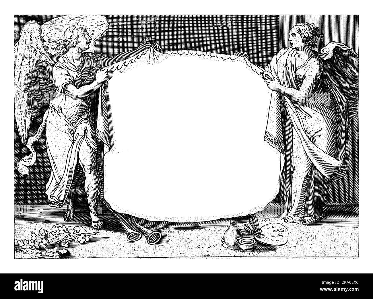 La renommée ailée, avec deux trompettes aux pieds, et la personnification de l'art, avec la palette, les pinceaux et le bâton de peintre aux pieds, tiennent une canva Banque D'Images