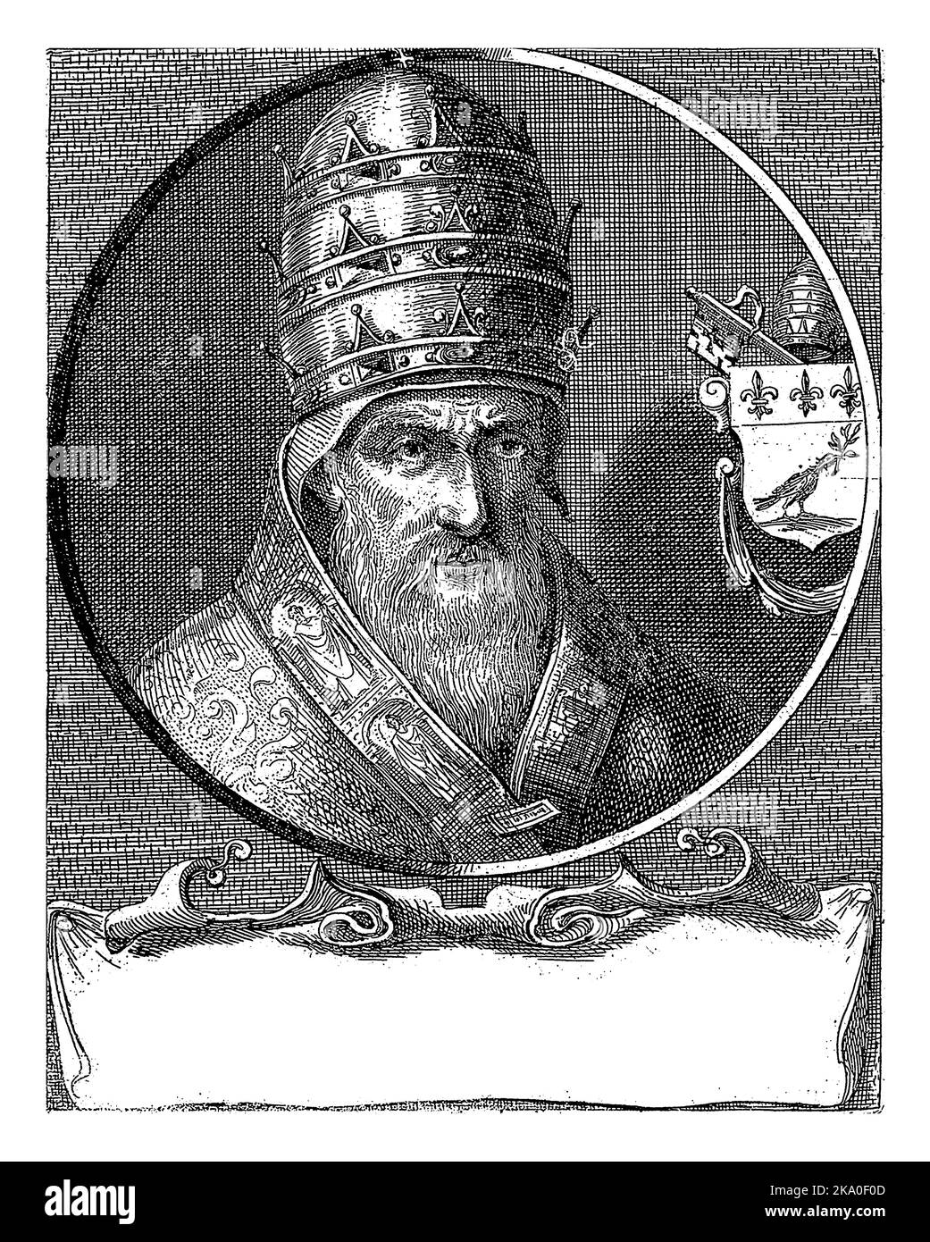 Portrait du Pape innocent X vêtu des robes papales et de la tête ornée du tiara papal. À droite son blason papal. Buste à droite dans un Banque D'Images