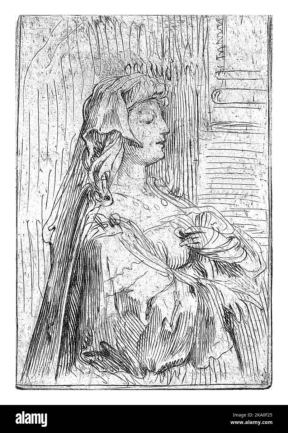 Portrait d'une femme, mi-longueur, mains croisées devant sa poitrine, voile sur sa tête, regardant à droite. Banque D'Images