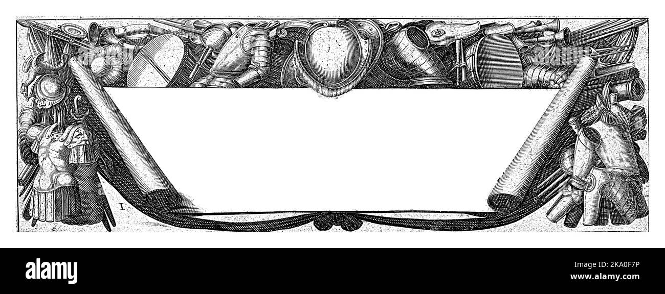 Titre imprimé pour une série de tirages avec des scènes de bataille d'après Antonio Tempesta. Banderol avec le titre, autour de lui armure et armes. Banque D'Images