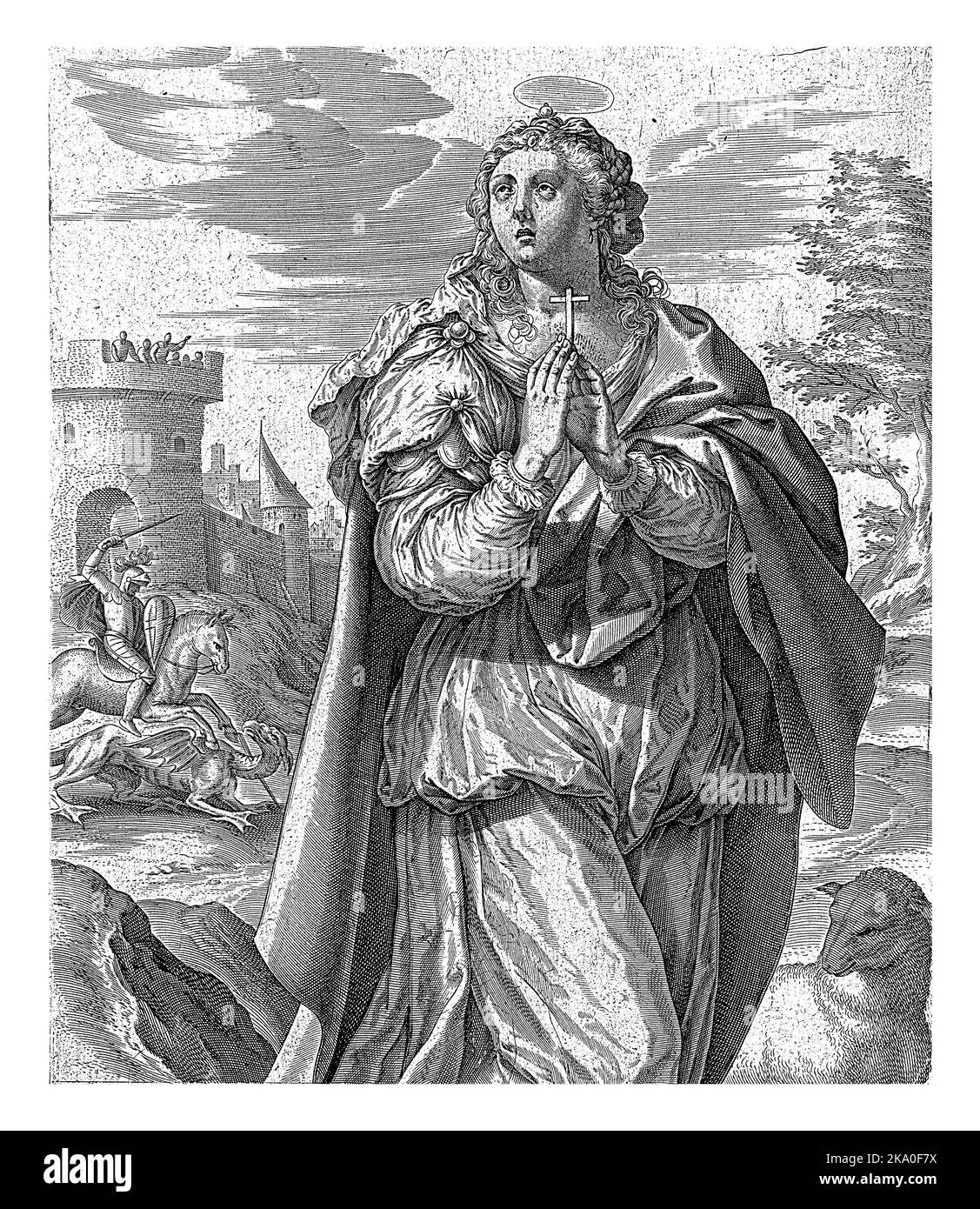 Sainte-Marguerite d'Antioche, Hieronymus Wierix, 1563 - avant 1611 Paysage avec Sainte-Marguerite d'Antioche, le signe de la croix entre ses mains. Un agneau à Banque D'Images