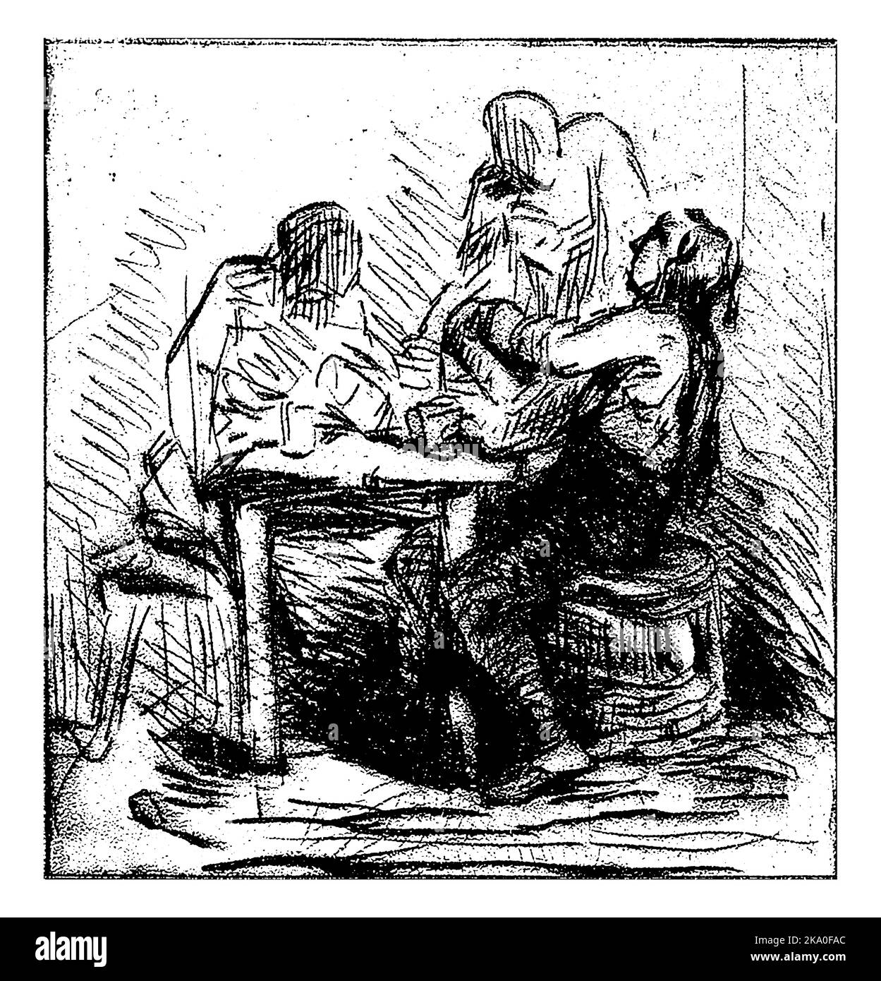 Trois figures à une table, Charles Emile Jacque, 1844, gravé d'époque. Banque D'Images