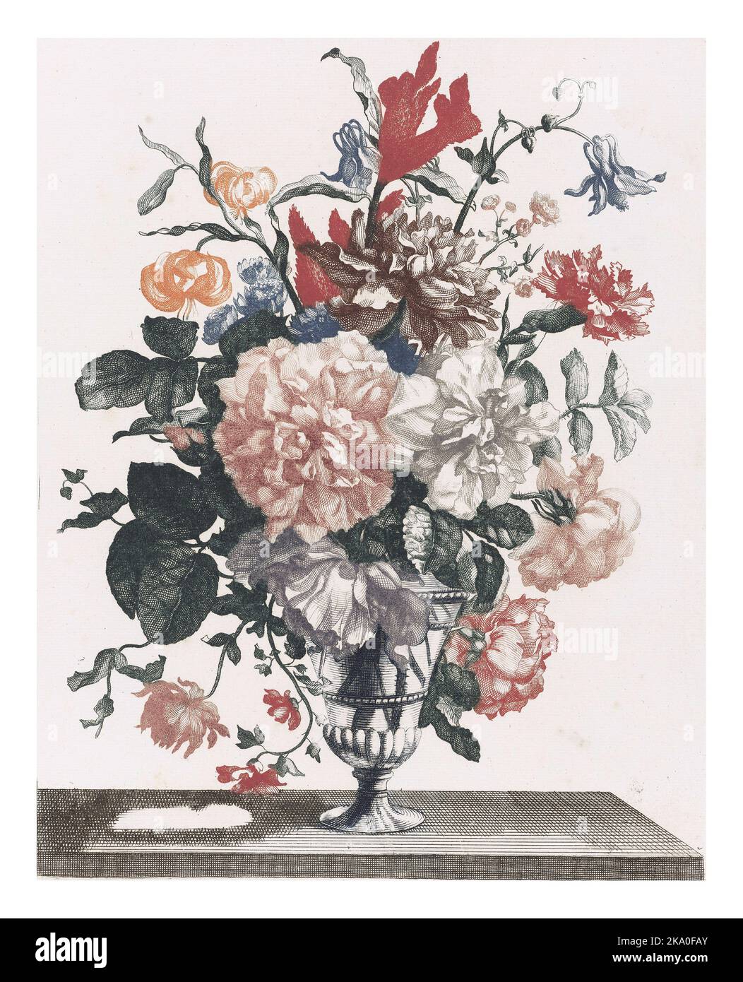 Cinq tirages de fleurs dans des vases en verre, anonymes, d'après Jean Baptiste Monnoyer, 1688 - 1698 Banque D'Images