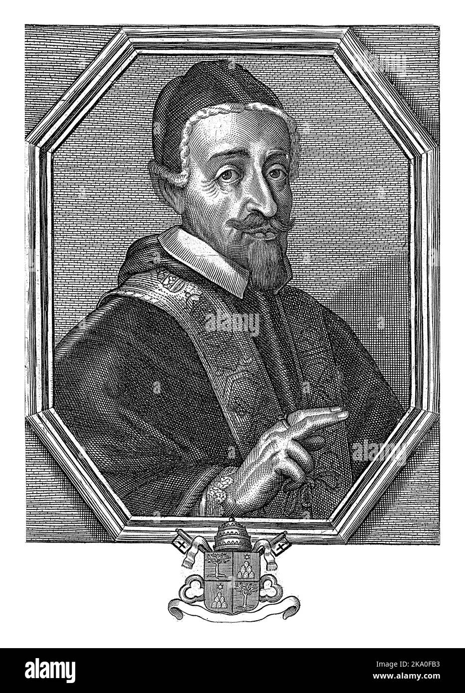 Portrait du Pape Alexandre VII, vêtu de robes papales, tête ornée d'un camauro. Juste sous son blason papal. Banque D'Images