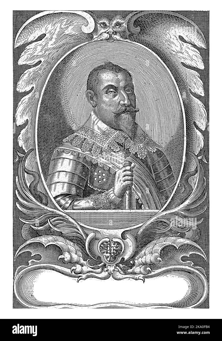 Portrait de Gustavus II Adolf, roi de Suède, tenant un sceptre. Le portrait ovale est encadré dans un cadre ornemental avec un texte de trois lignes en français Banque D'Images