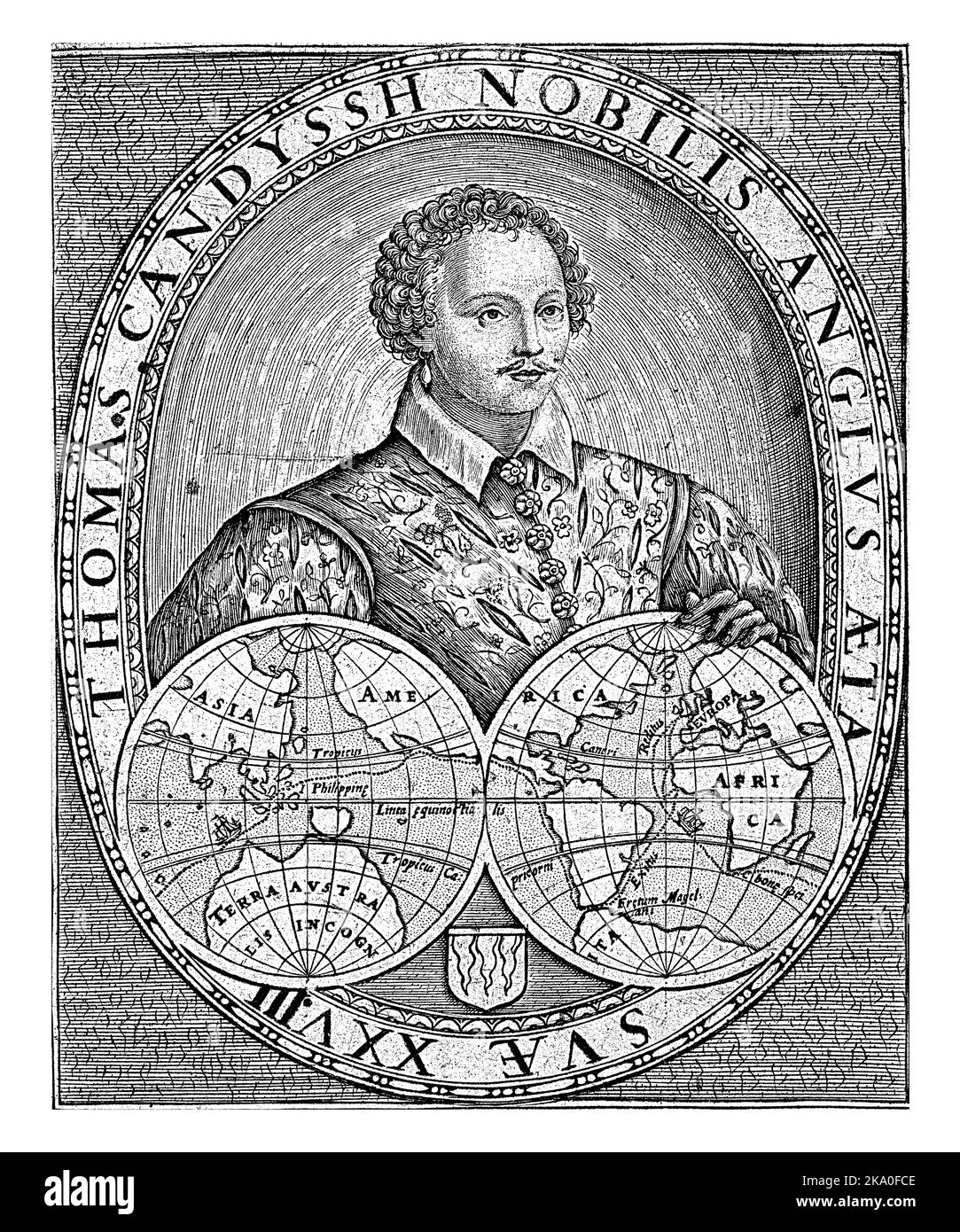 Buste de Thomas Cavendish à l'âge de 28 ans dans un ovale, dont la partie inférieure est occupée par deux tours du monde. Banque D'Images