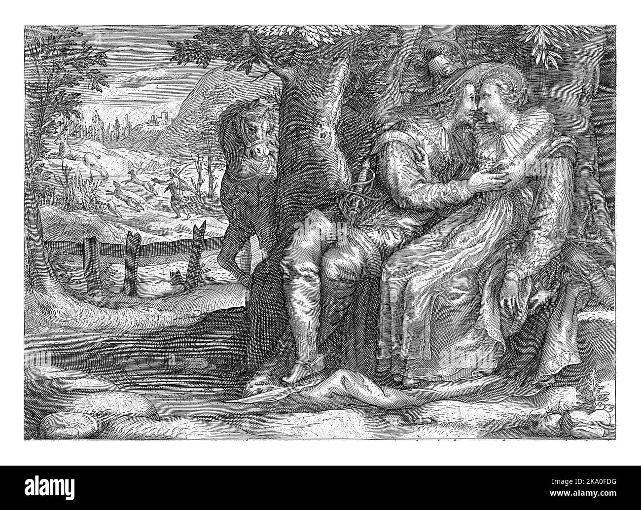 Un homme et une dame s'assoient l'un à côté de l'autre sous les arbres. Le cheval de l'homme se trouve à côté des arbres. En arrière-plan est une scène de chasse avec un homme A. Banque D'Images