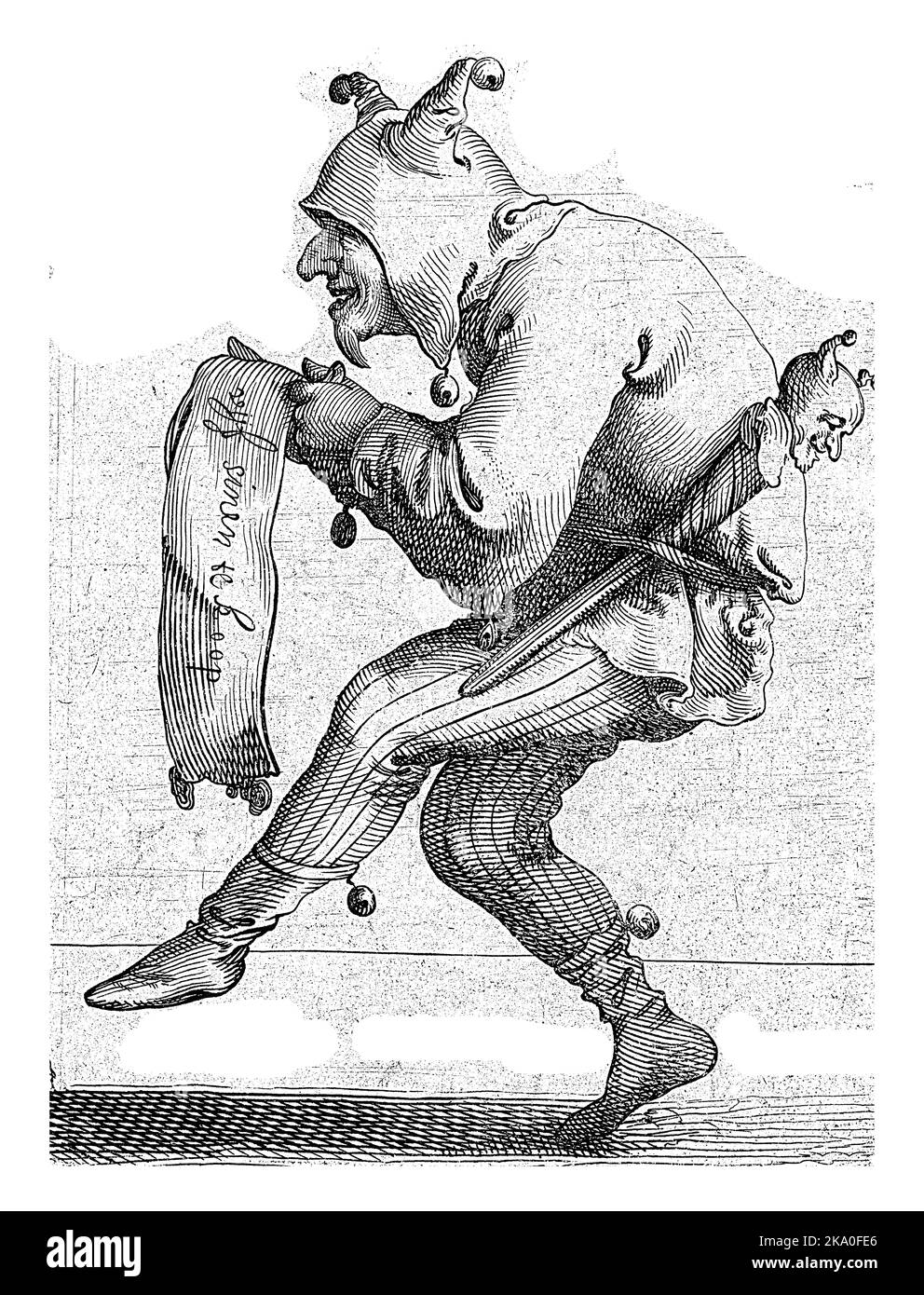 Un jester marchant sur le tiptep tient un morceau de papier avec le titre de la série de tirages dessus. Un marot est fixé sous la ceinture du jester. Banque D'Images