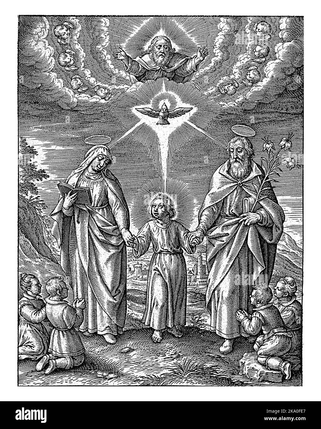 Paysage avec l'enfant Christ, au milieu de Marie et de Joseph. Au-dessus de l'enfant, l'Esprit Saint sous la forme d'une colombe et Dieu le Père, se rend Banque D'Images
