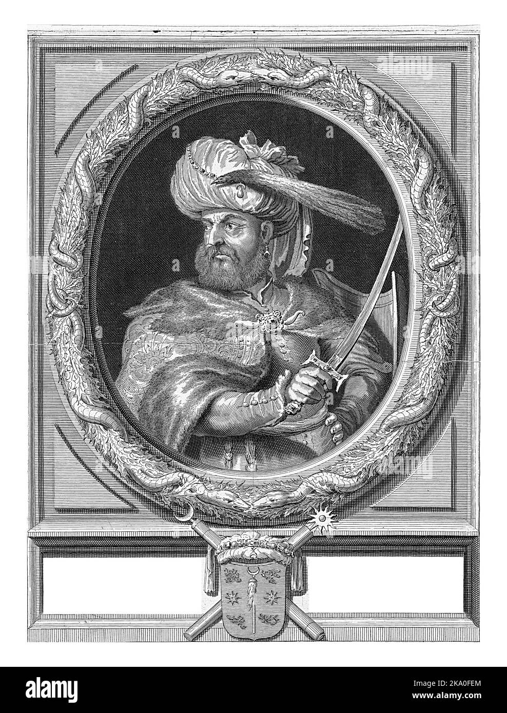 Portrait en cadre ovale de Kara Mustafa Pasha, Grand Vizier et général de l'Empire ottoman. À mi-chemin vers la gauche. Il a un scimitar en main. Banque D'Images