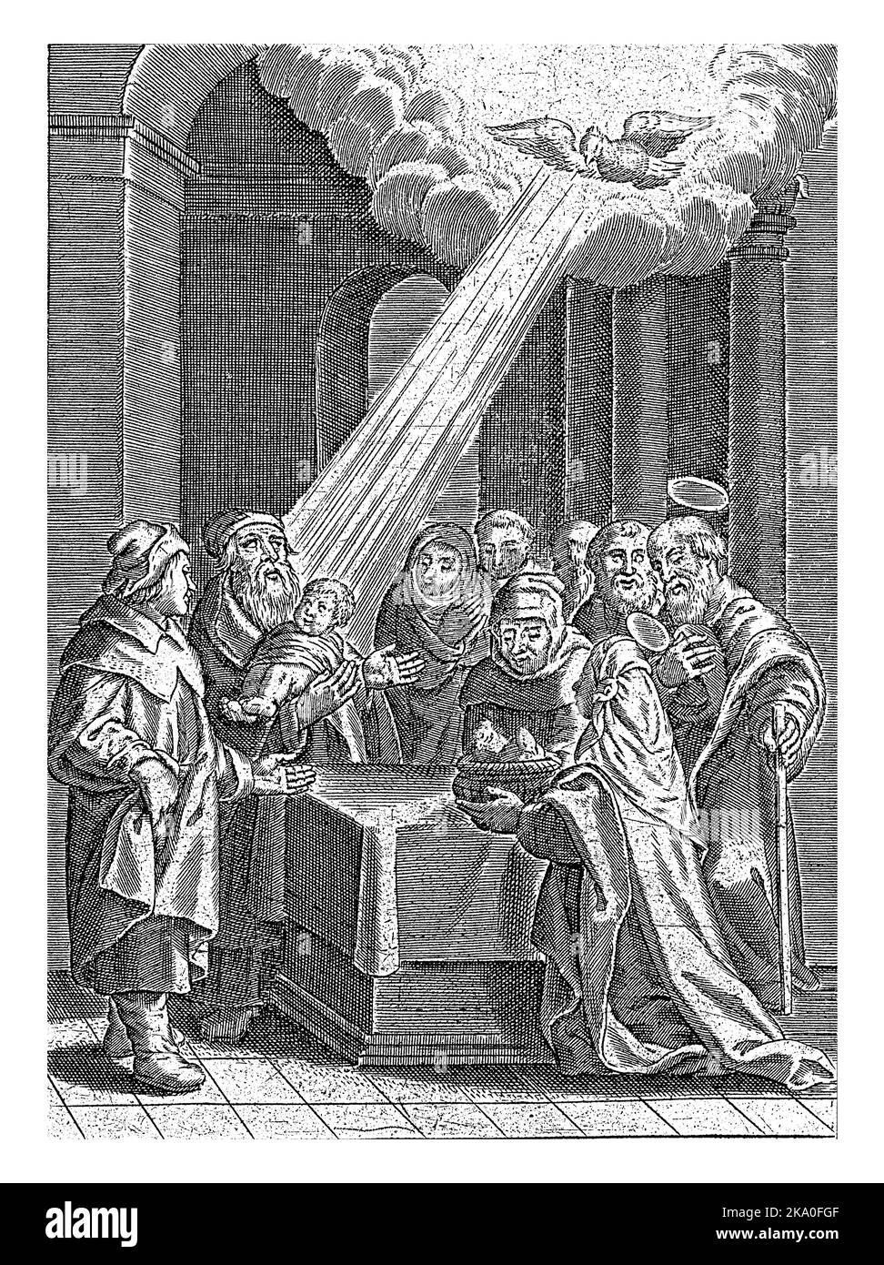 L'enfant Christ est situé dans le temple dans les bras de Siméon et est illuminé par un halo de la colombe comme symbole du Saint-Esprit. Banque D'Images