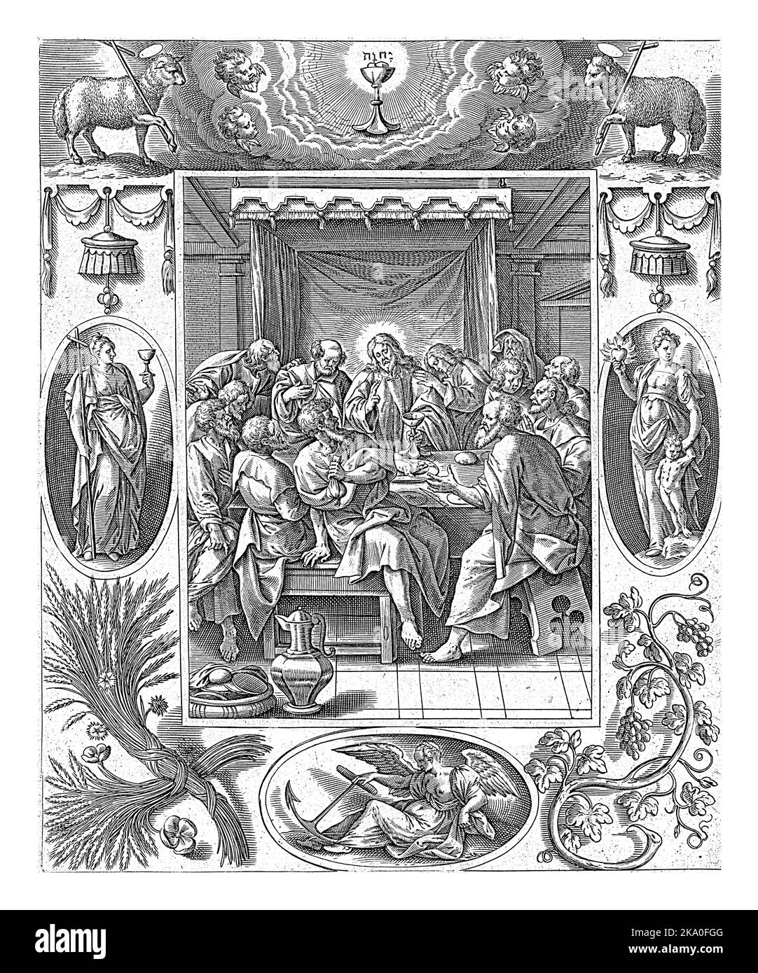 Dîner dernier, Antonie Wierix (II), après Maerten de Vos, 1582 - 1586 Christ et ses disciples s'assoient autour d'une table. Le Christ tient le calice et le mak du vin Banque D'Images