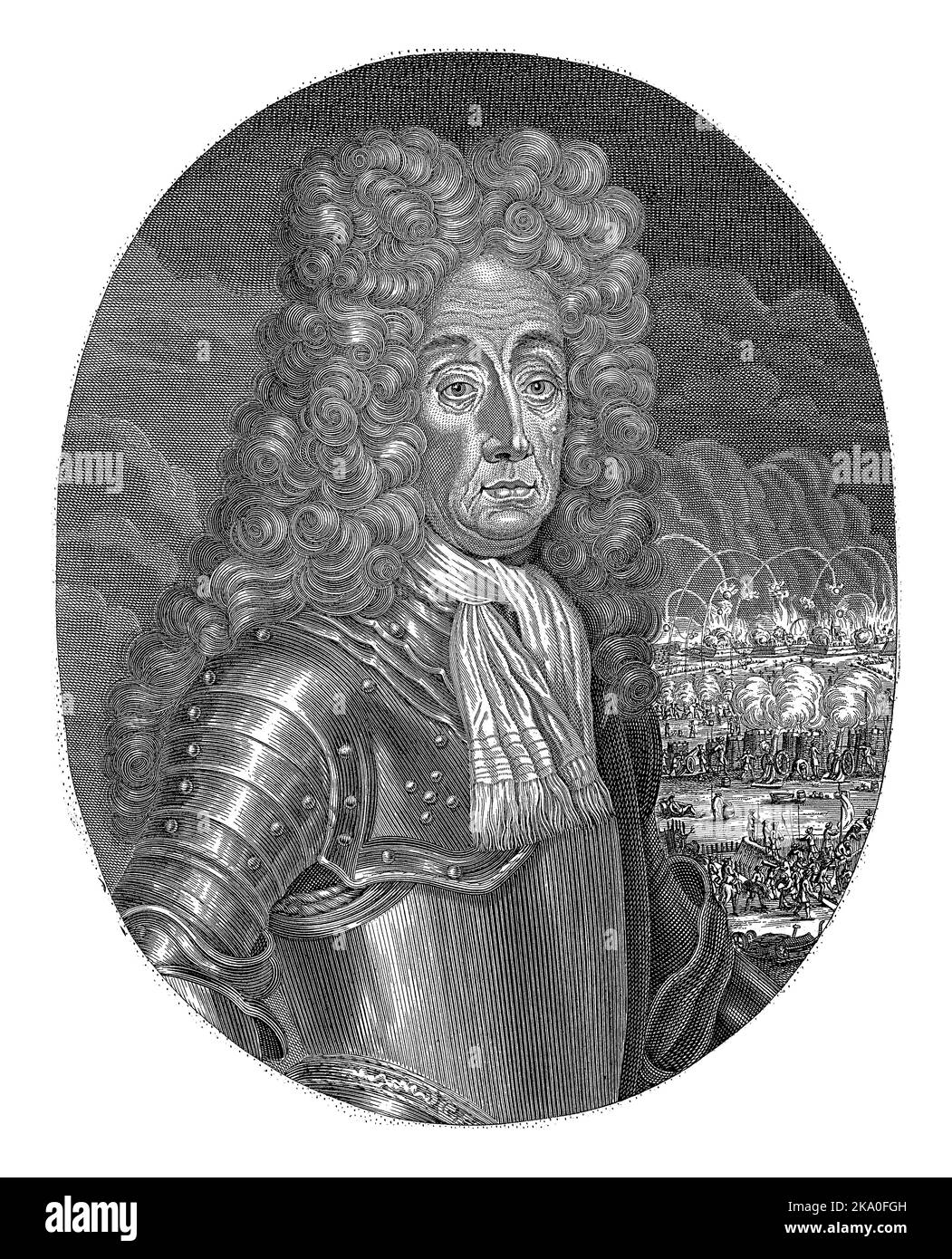 Portrait du baron de fortification Menno van Coehoorn avec siège d'une forteresse en arrière-plan à droite. Banque D'Images Portrait du baron de fortification Menno van Coehoorn avec siège d'une forteresse en arrière-plan à droite. Banque D'Images