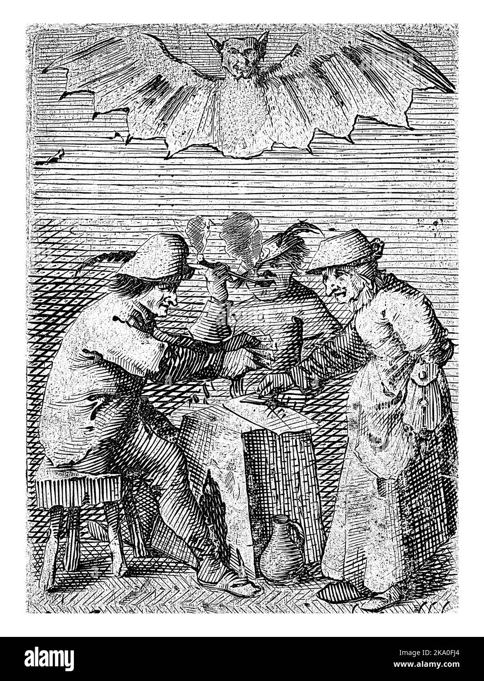 Deux agriculteurs sont assis près d'une bûche qui sert de table. Le jack de gauche garde quelques cartes dans sa main, la femme de droite tire une carte d'eux. L'autre Banque D'Images