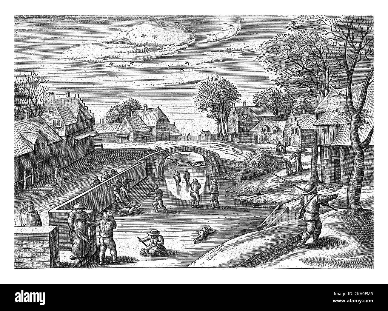 Paysage d'hiver avec scènes d'hiver. Janvier est le mois de glace. Patinage sur un canal. Les gens sont à la recherche de bois de chauffage. Banque D'Images