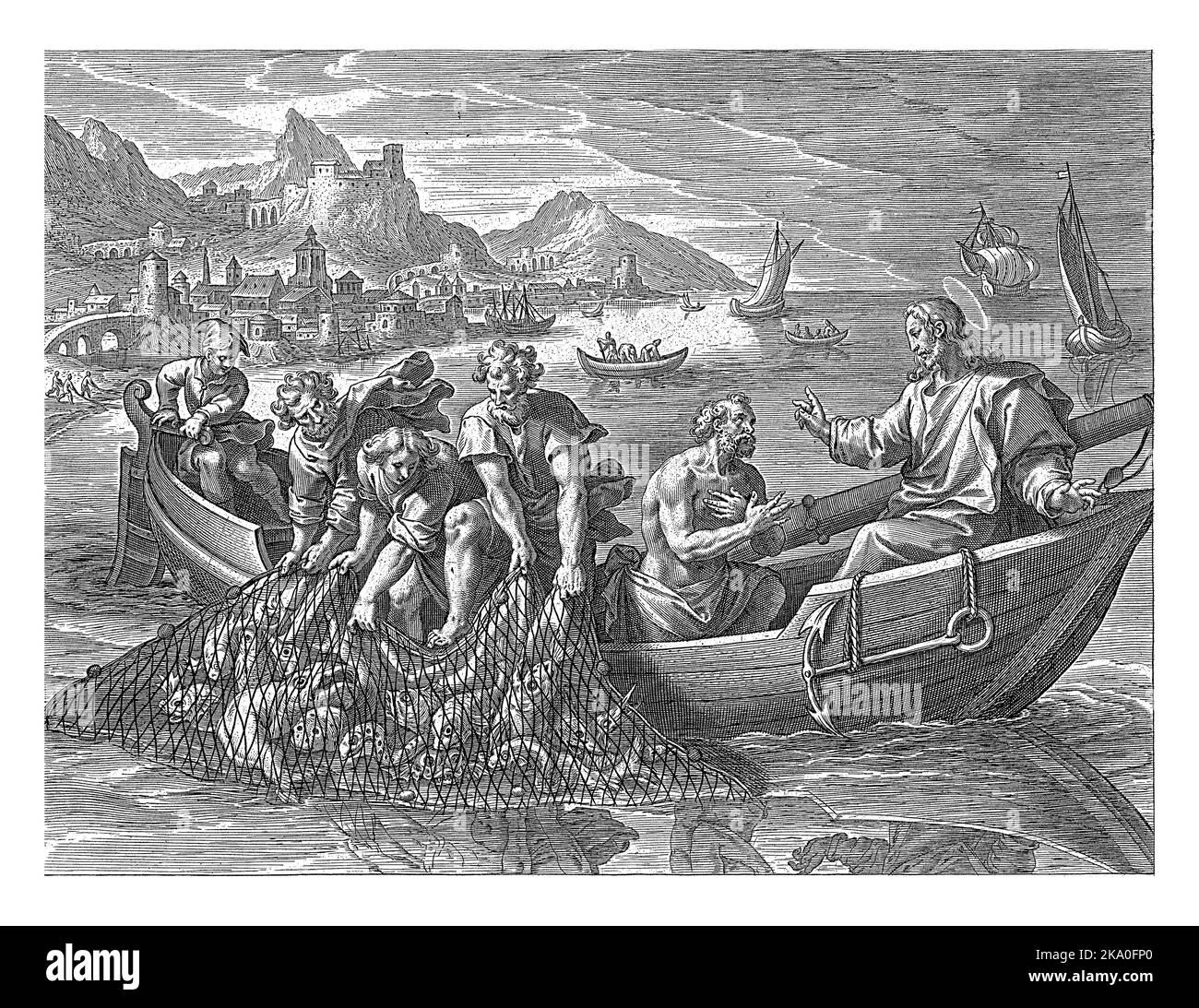 Christ et ses apôtres à bord d'un bateau de pêche. Christ commande les filets à être ramenée. Il y a tellement de poissons dans les filets que les apôtres ont trou Banque D'Images