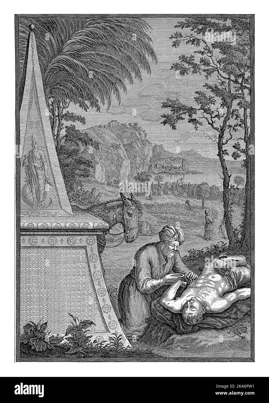 Titre imprimé pour une série imprimée avec les œuvres de miséricorde. Le bon Samaritain tend à la personne blessée qui se trouve au bord de la route. Il abrest ses blessures avec humour Banque D'Images