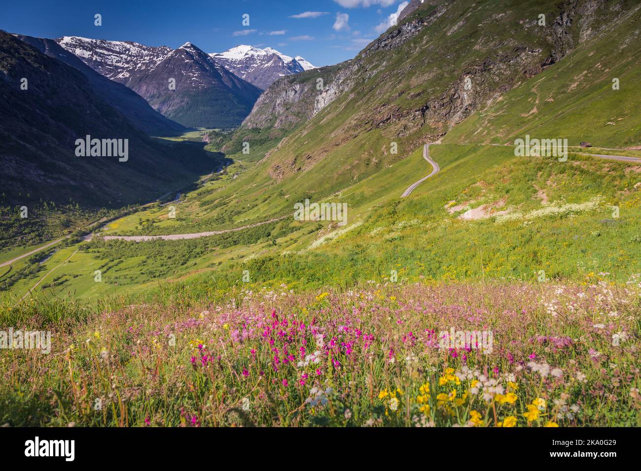 Vallée idyllique et paysage spectaculaire de haute Savoie près du col d'Iseran, France Banque D'Images