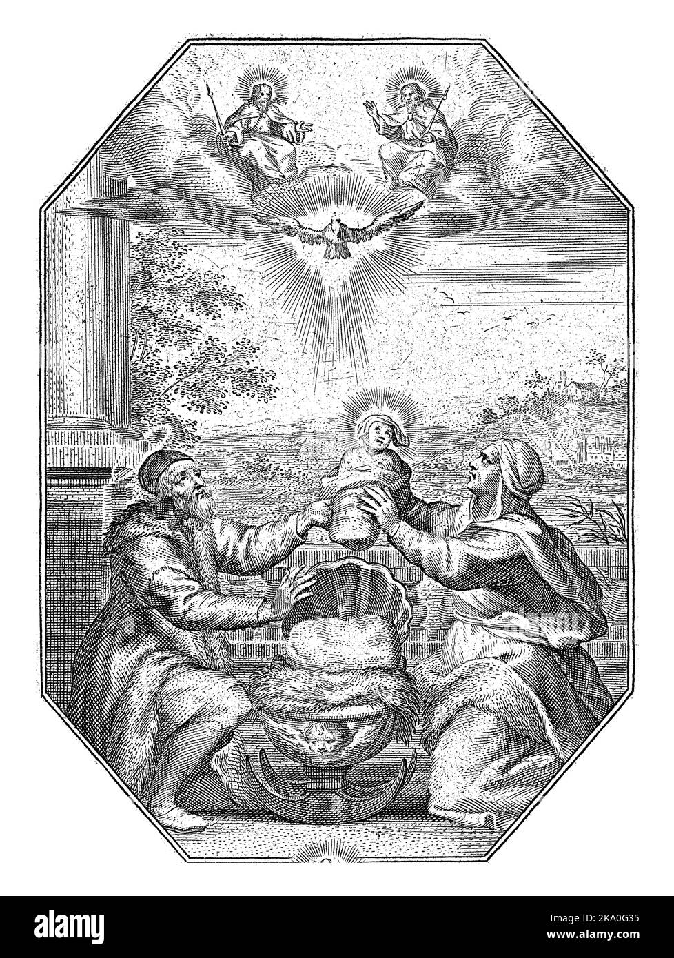 Joachim et Anna avec Marie comme enfant, Cornelis Galle, 1638 - 1678 Joachim et Anna s'agenouillent de chaque côté d'un lit de bébé. Ils tiennent leur fille Anna. Po Banque D'Images