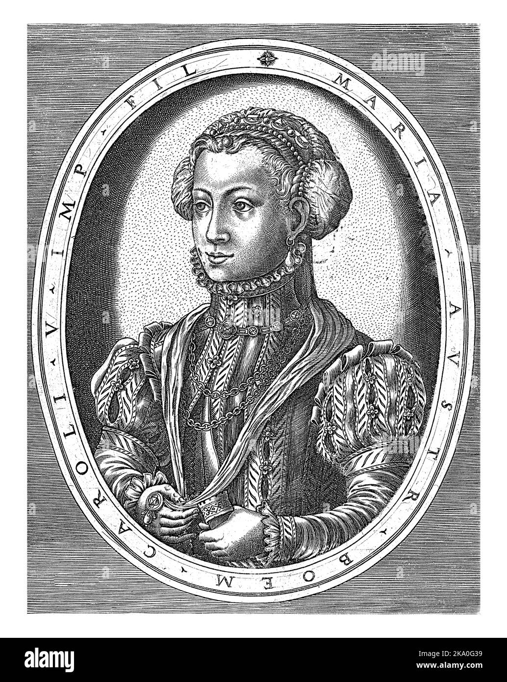 Portrait de Marie, Reine de Bohême, mi-longueur à gauche, avec un gant dans sa main gauche et une suspension dans sa main droite, dans un cadre ovale avec bord Banque D'Images