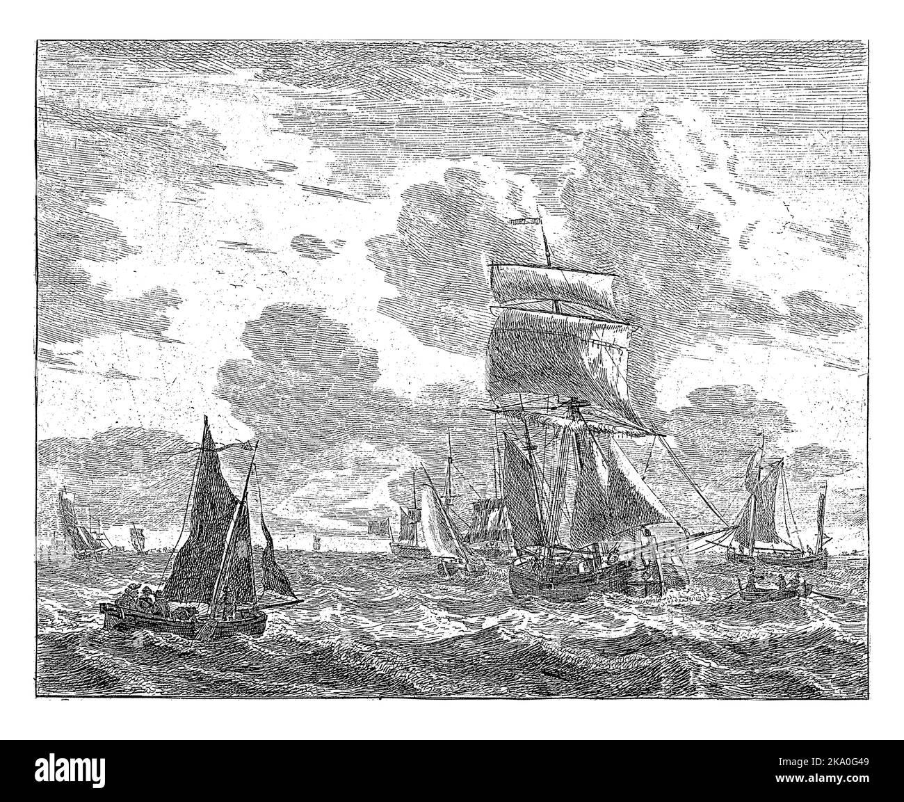 En face à gauche se trouve un petit voilier, avec cinq personnes. Cet imprimé fait partie d'une série de six imprimés avec différents bateaux à voile en mer. Banque D'Images En face à gauche se trouve un petit voilier, avec cinq personnes. Cet imprimé fait partie d'une série de six imprimés avec différents bateaux à voile en mer. Banque D'Images