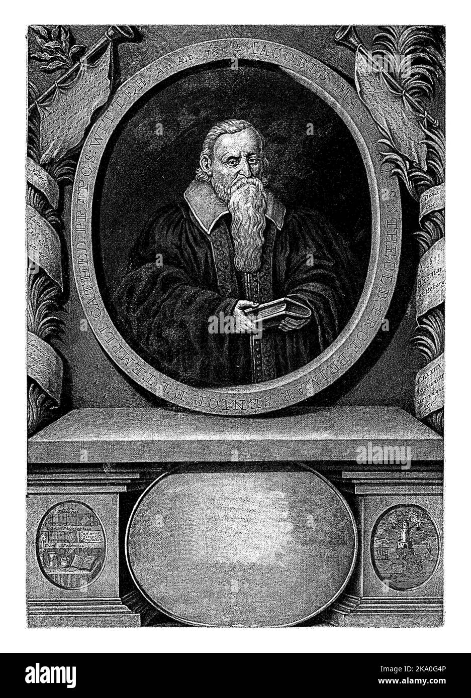 Le théologien luthérien, écrivain et philosophe Jakob Martini avec un livre entre ses mains. Le portrait est décoré de deux trompettes de louange et de paume Banque D'Images