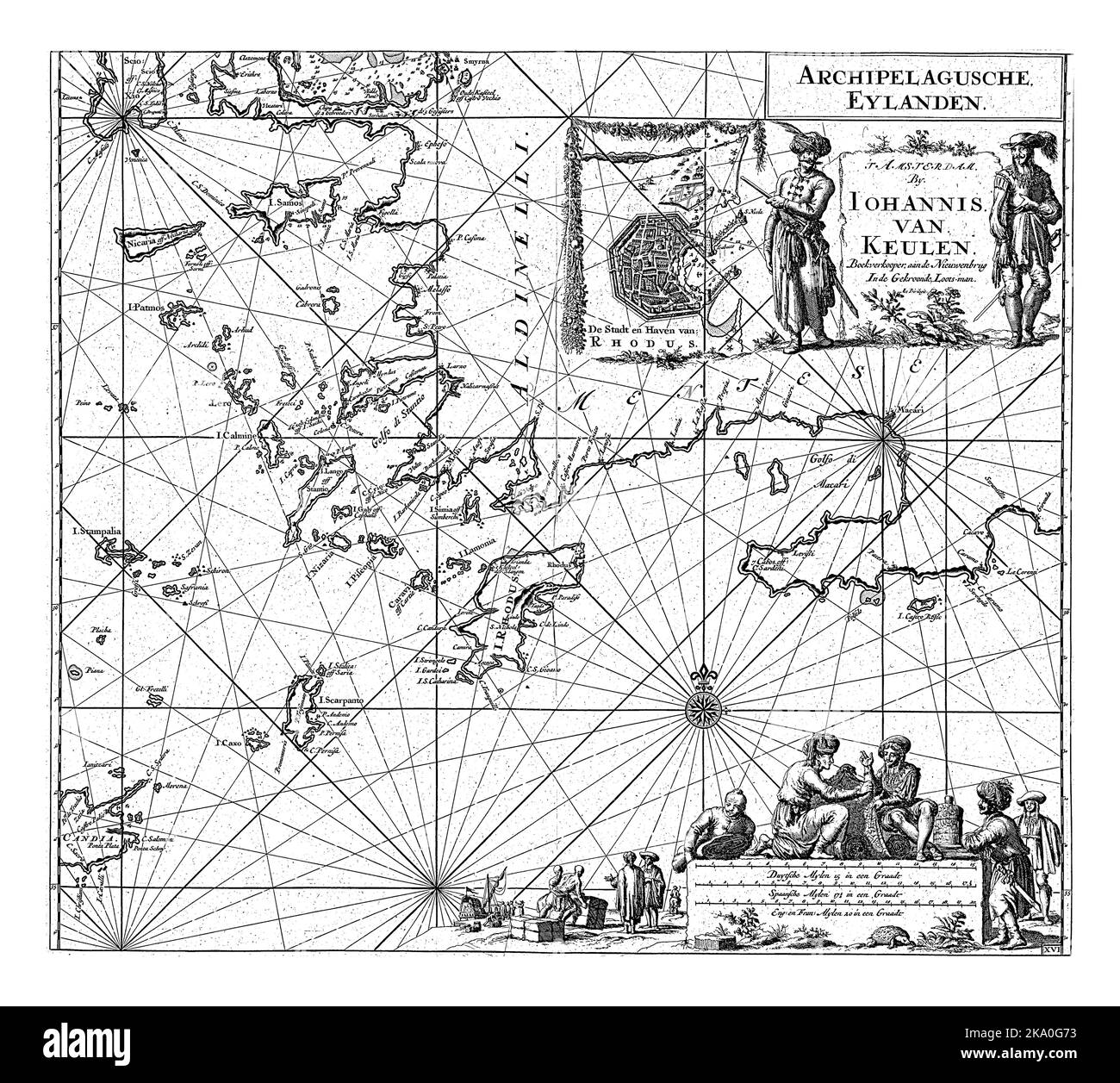 Carte passeport de la partie sud-est de la mer Égée, avec une carte détaillée du port et de la ville de Rhodes, et une rose compas, le nord est au sommet. Banque D'Images