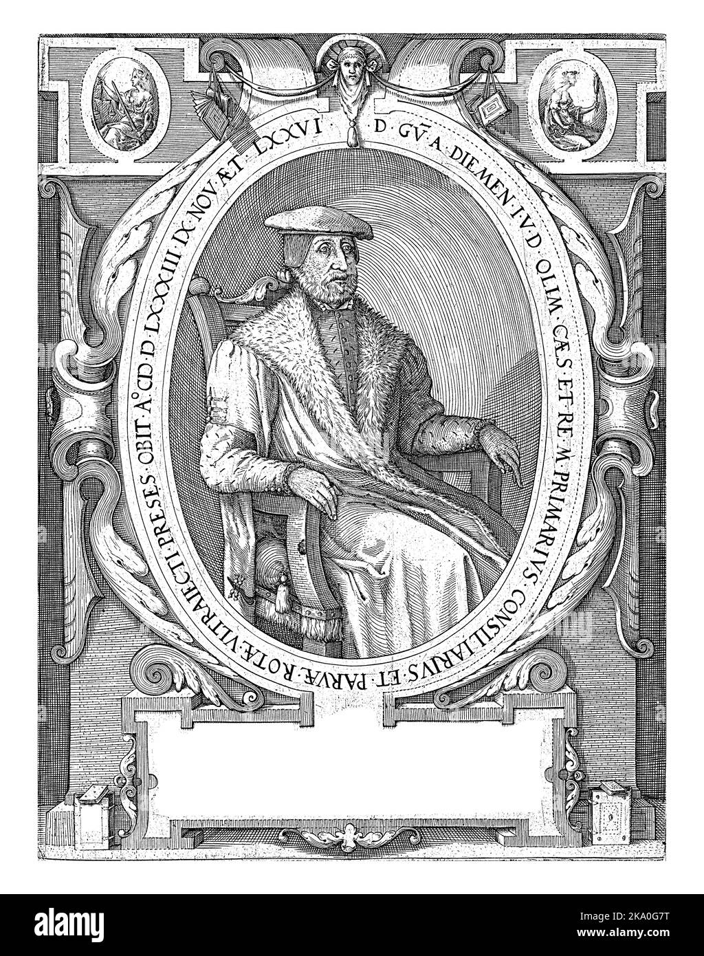 Portrait de l'avocat Willem van Diemen, assis dans un fauteuil vêtu d'un tabard à fourrure. Un crâne sur sa tête. Banque D'Images