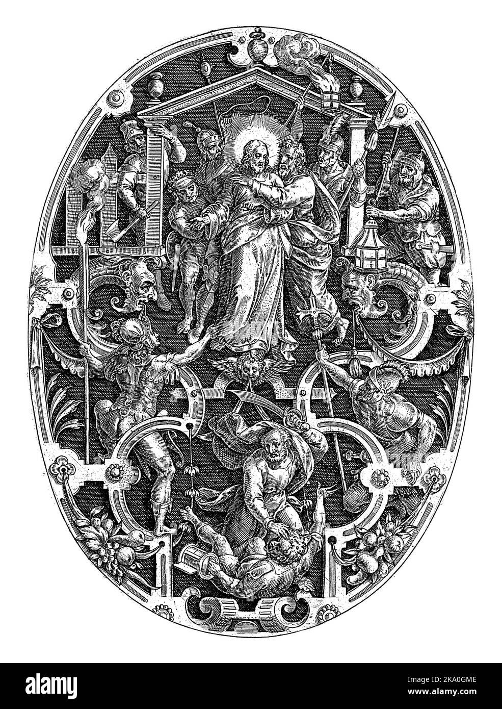 Judas embrasse le Christ comme des soldats l'arrêtent. Ovale debout avec ornement. Au premier plan, Peter attaque un soldat. Banque D'Images