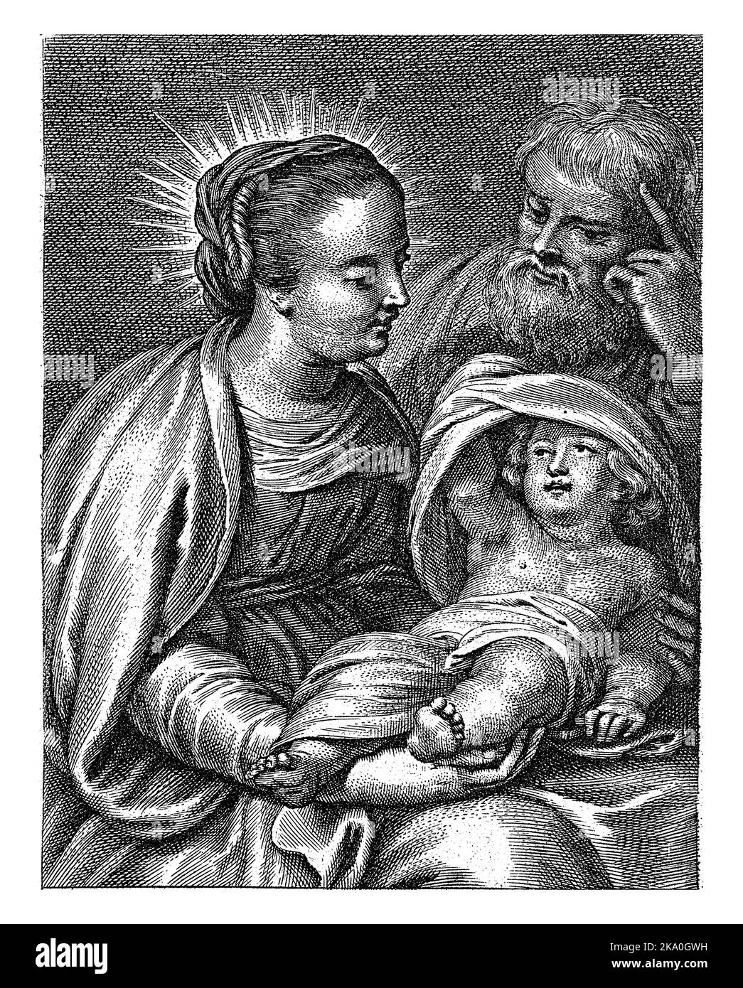 Sainte famille, Cornelis Galle (II), 1638 - 1678 Marie est assise sur ses genoux avec l'enfant Christ. Derrière son Joseph qui soutient sa tête avec sa main. Banque D'Images