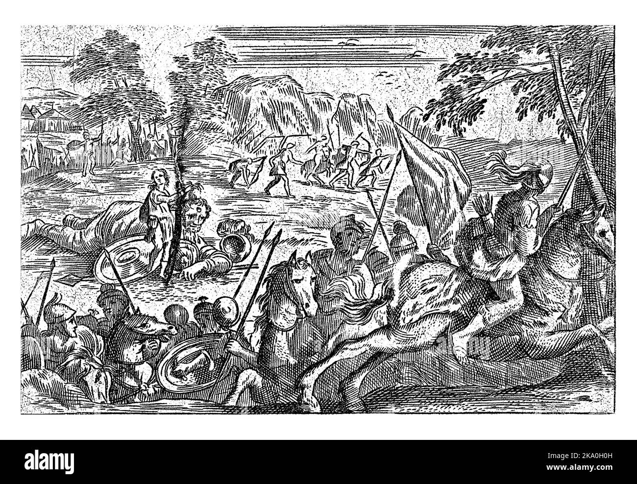 David et Goliath, Cornelis Galle (II), 1638 - 1678 David a conquis le Goliath géant et tient sa tête par ses cheveux. Devant, le cavalier prend f Banque D'Images