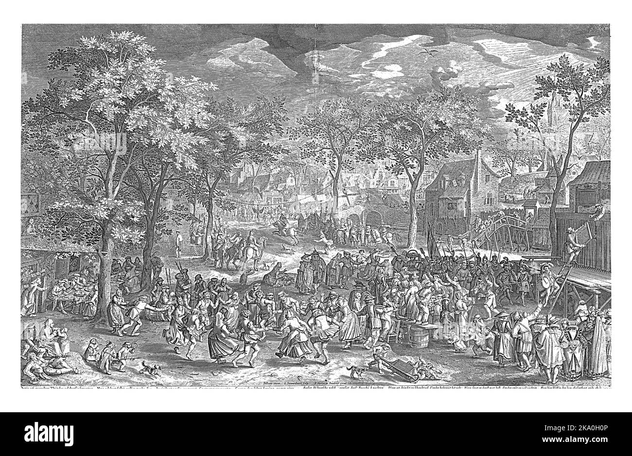 Grande représentation de la foire dans un village.sur la droite une scène est construite pour une performance théâtrale par une compagnie de rhétoriques et un f Banque D'Images