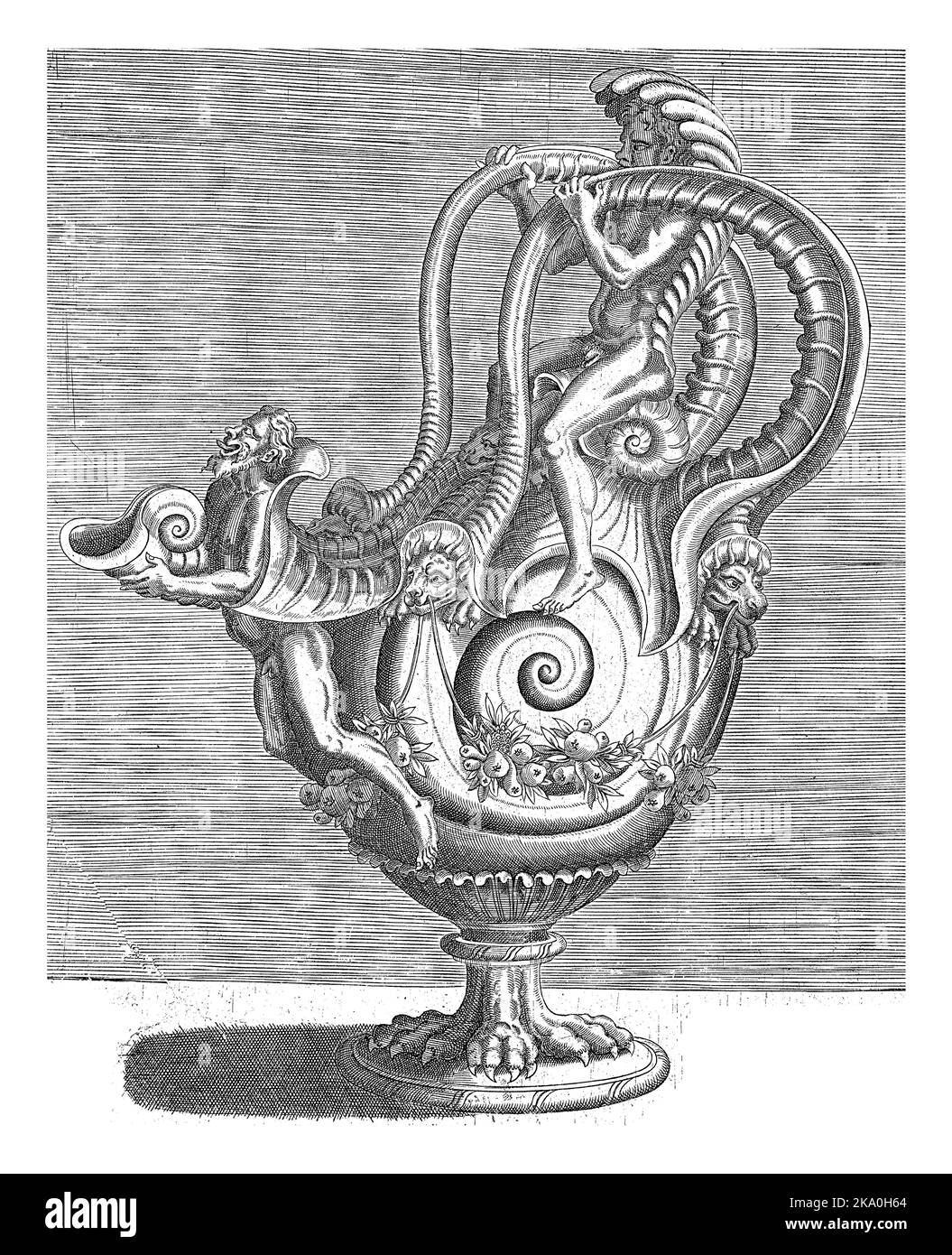 Pot en forme de coquille d'escargot à double oreille, Balthazar van den Bos, d'après Cornelis Floris (II), 1548 dans l'oreille double se trouve un homme qui soutient Banque D'Images