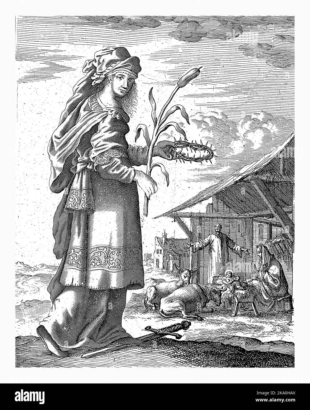 Sibyl de Samos, Jan Luyken, 1684 Sibyl de Samos. En arrière-plan une écurie avec Joseph, Marie et le nouveau-né Christ enfant. Imprimer en haut à droite : PA Banque D'Images