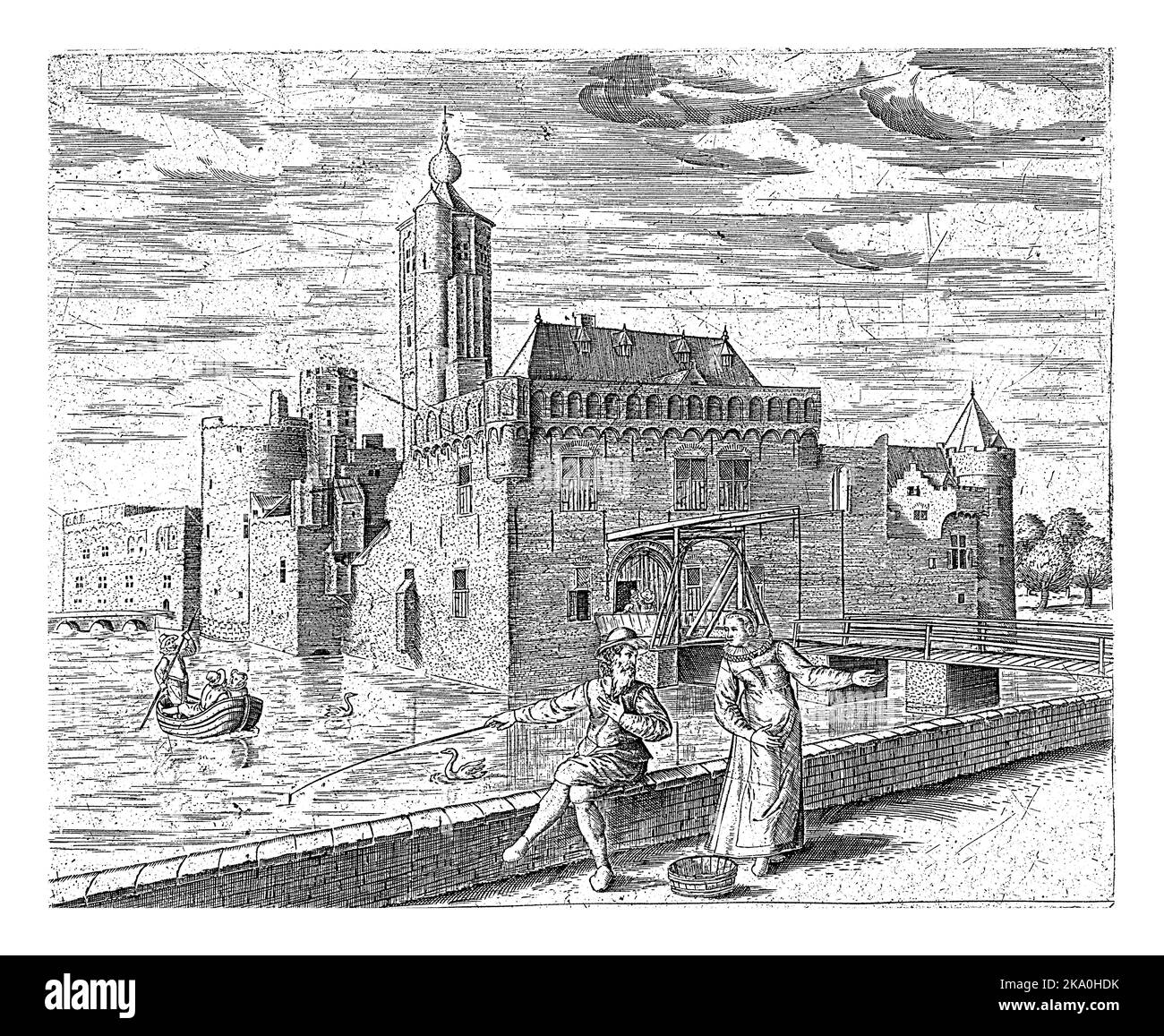 Vue sur le château d'Aldegonde avec un pêcheur à la ligne assis sur un mur au premier plan et une femme s'adressant à lui. Un bateau à rames dans la douve. Banque D'Images