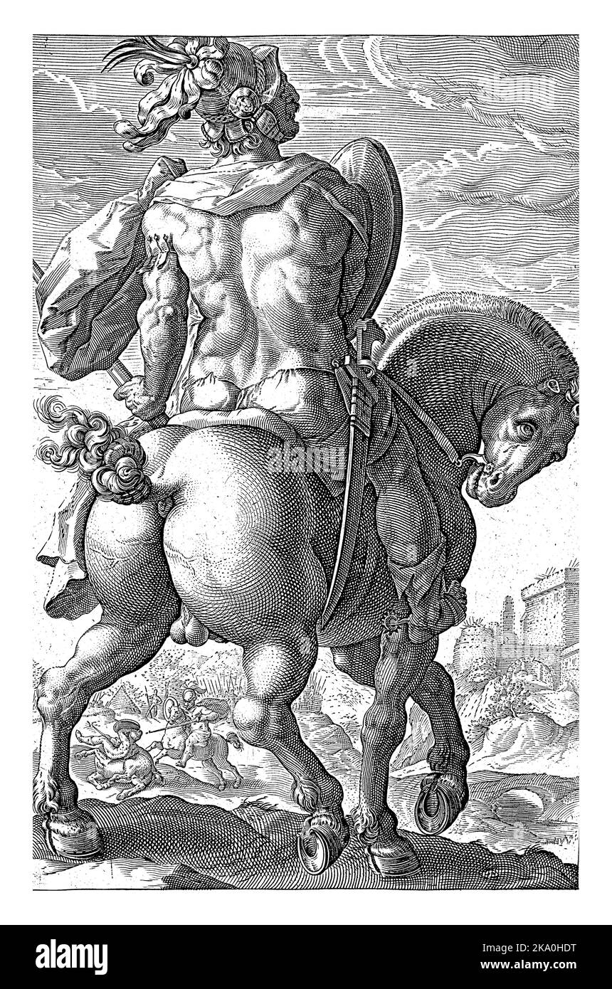 Le héros Titus Manlius à cheval, vu de l'arrière. Banque D'Images