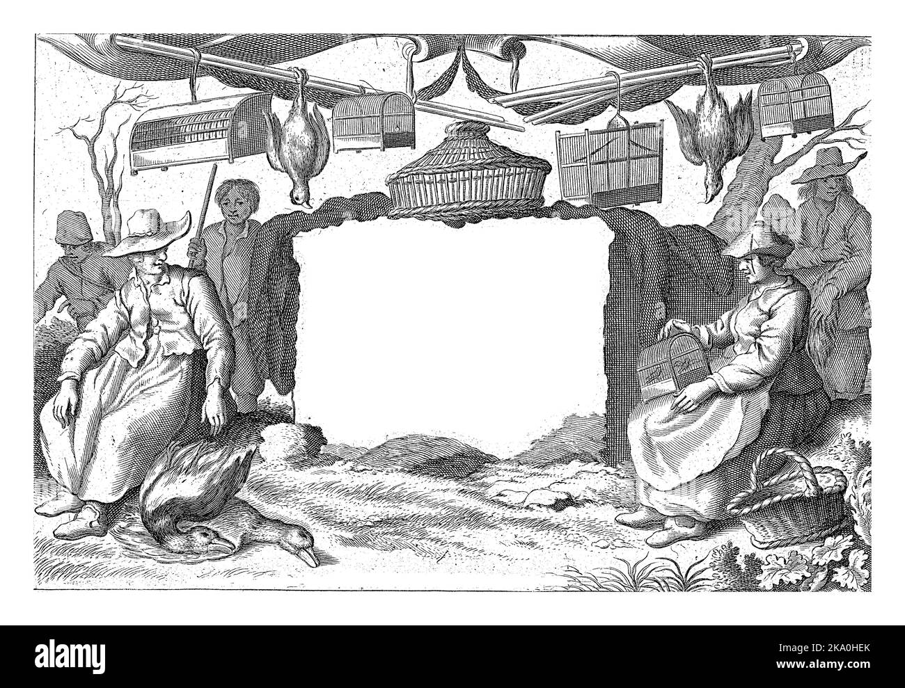 Centralement le titre latin de la série et le nom du concepteur et de l'éditeur. Autour du titre de marchands d'oiseaux et de vendeurs d'oiseaux. Sur la gauche se trouve un Banque D'Images